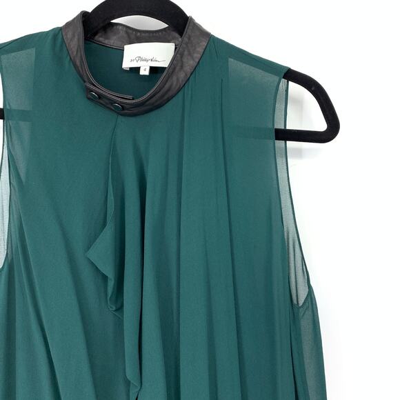 3.1 Phillip Lim Women's 4 Hi Low Chiffon Mini Dress Sleeveless Green High Neck - Picture 3 of 6